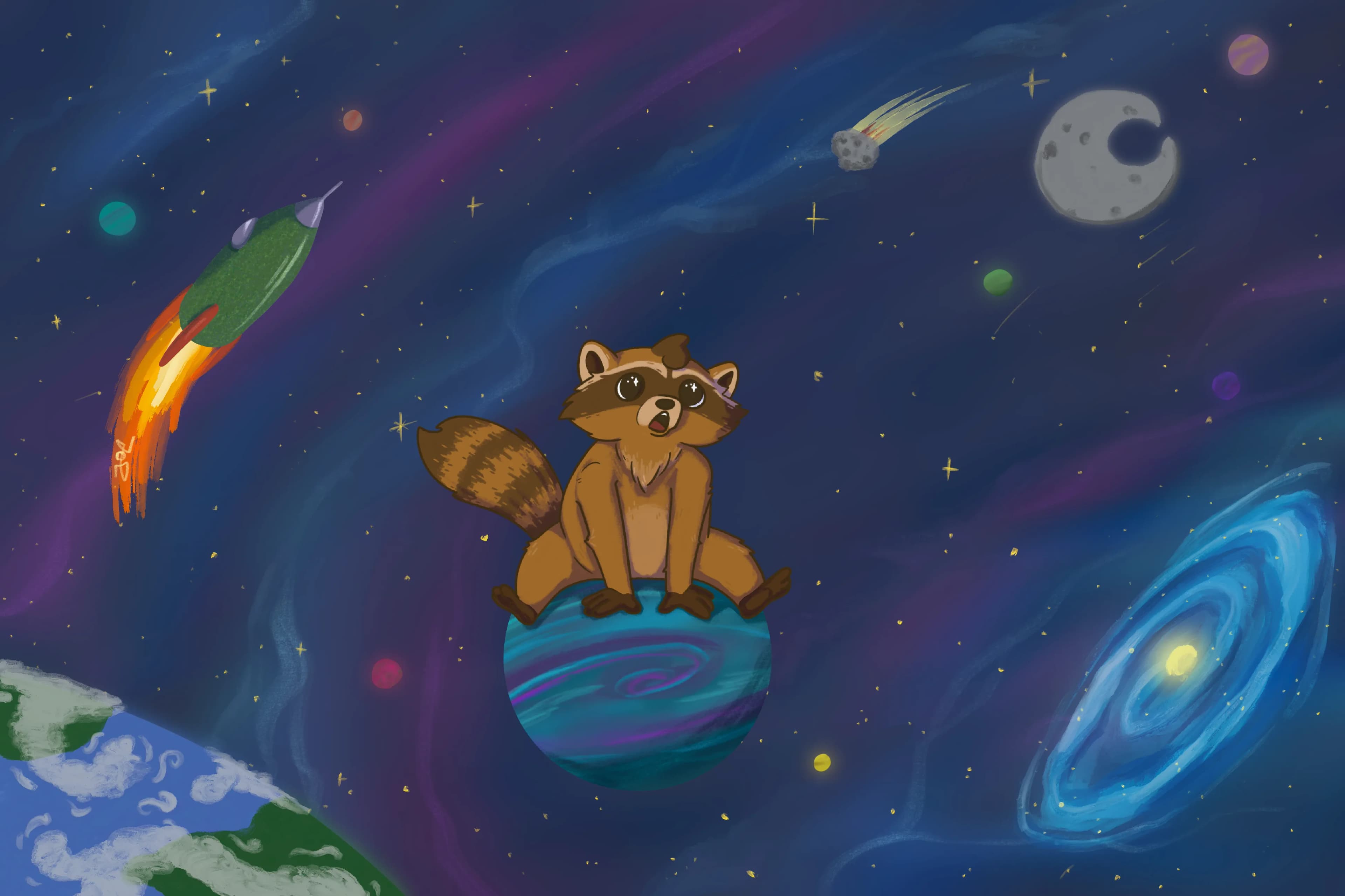 A raccoon perched on a planet, surrounded by rockets, comets and galaxies