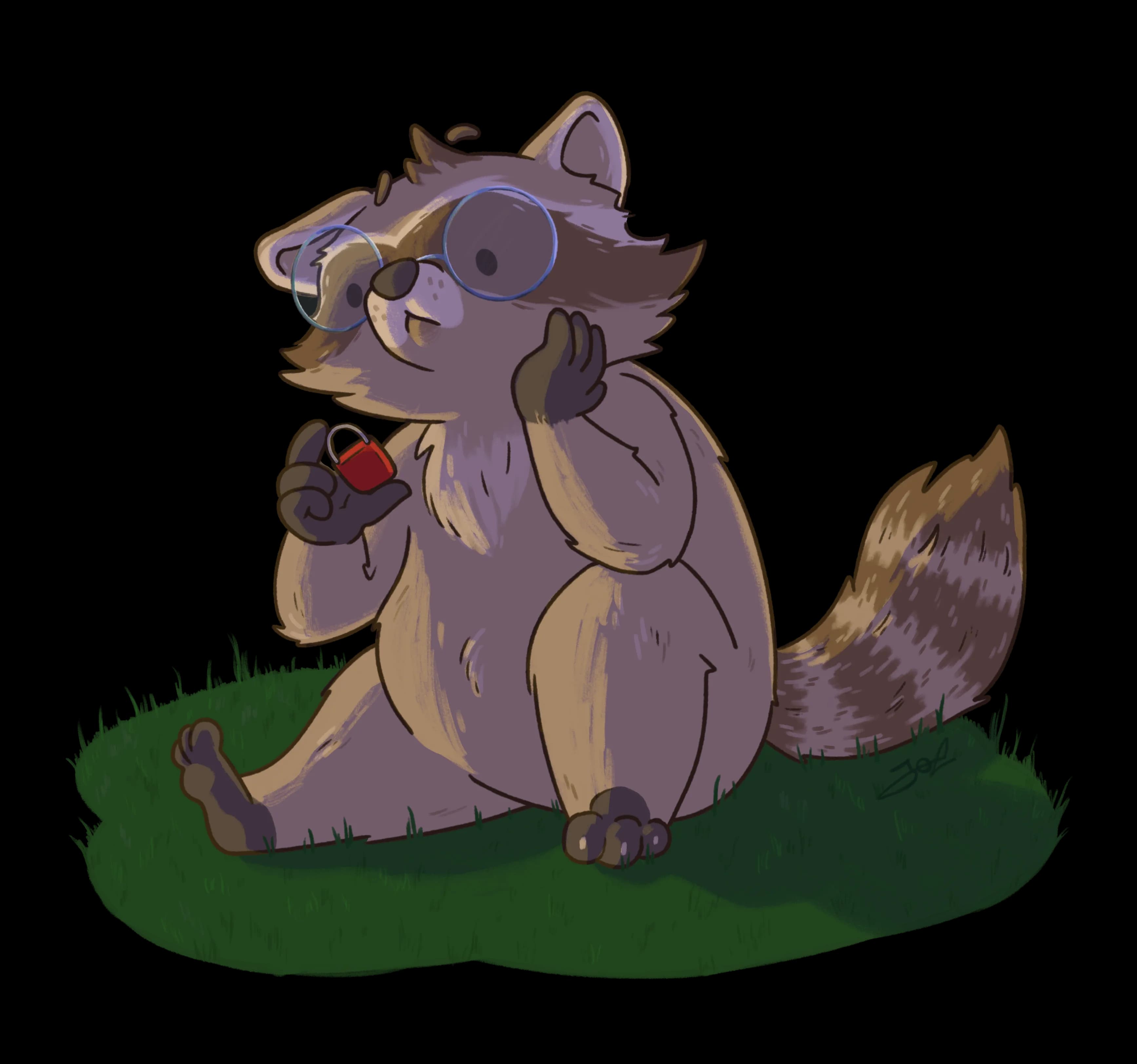 Illustration of a raccoon in round glasses, pondering a small padlock