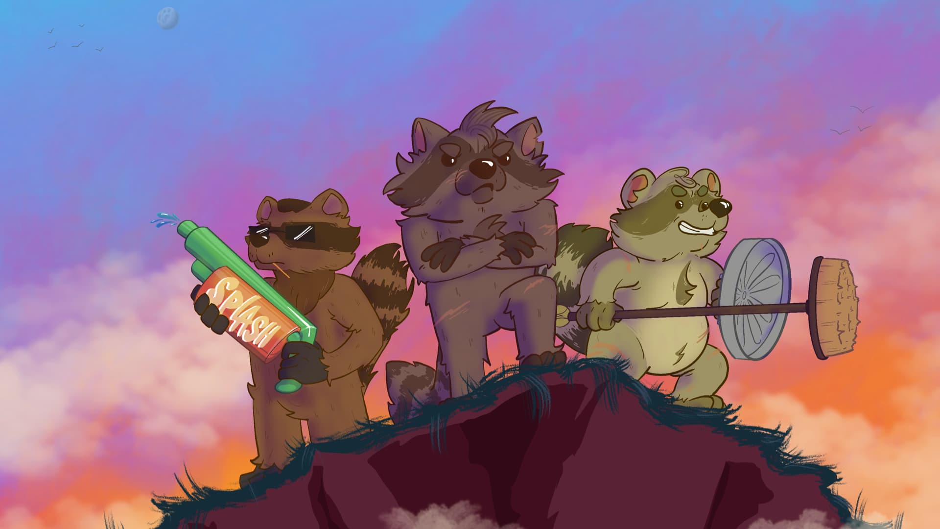 Three raccoons on a hilltop, together
